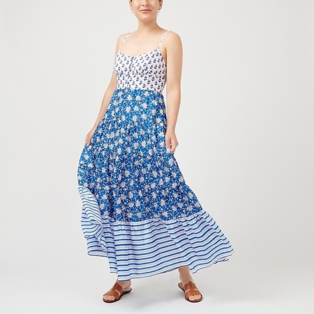J.Crew Tiered Maxi Dress Smocked Back Floral Block Print Blue White Size 4